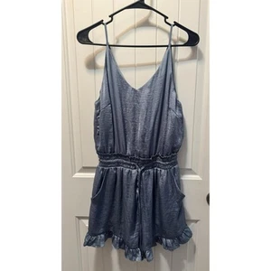 She + Sky Sleeveless Waist Tie Ruffle Bottom Slate Blue Romper Women's M - Picture 1 of 4