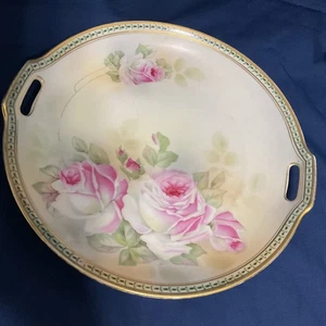 Rose antiche RS Germania dipinte a mano Pk. Piatto da torta 10" con manico Dbl bordo oro - Foto 1 di 6