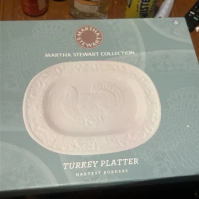 "Nuevo plato grande de pavo Martha Stewart Harvest Border blanco en relieve 18""" Foto 1 de 4