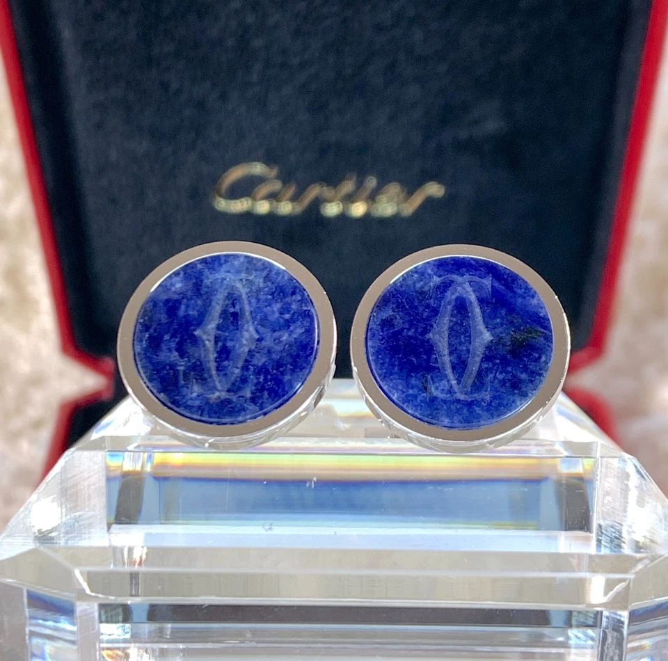 Запонки Cartier круглые синие содалит серебро 925 пробы OG000572 с чехлом - Изображение 1 из 4