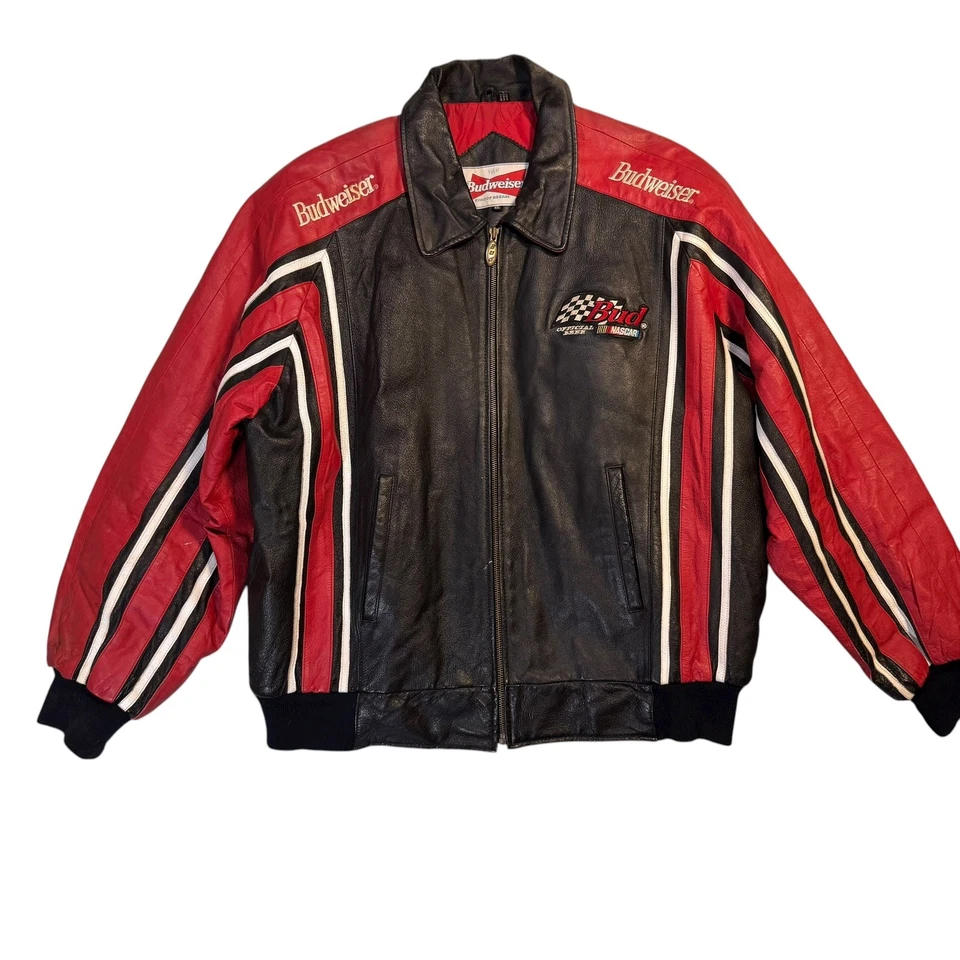 CHAQUETA DE CUERO NEGRA NASCAR Budweiser King of Beer vintage años 90 talla XL Foto 1 de 4