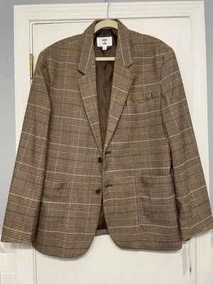 男式粗花呢/棕色格子休闲合身西装外套双纽扣 L 码 — 第 1/4 张图片