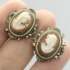 Antique Carved Shell Cameo Sterling Silver Renaissance Marcasite Earrings - Picture 1 of 5