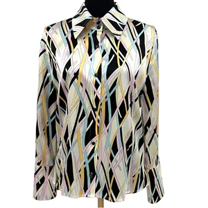 Vintage St. John Seide mehrfarbig abstrakt gestreift Mod Dolchkragen Bluse 12 - Bild 1 von 9