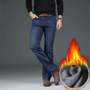 Pantalones de mezclilla forrados de lana para hombre Pantalones de mezclilla Bootcut Pantalones de invierno cálidos térmicos calce ajustado - Imagen 1 de 12