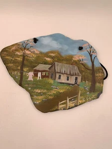 Hand Painted Country Scene Slate Hanging Wall Art Signed Gant Farmhouse 8"x10" - Picture 1 of 5