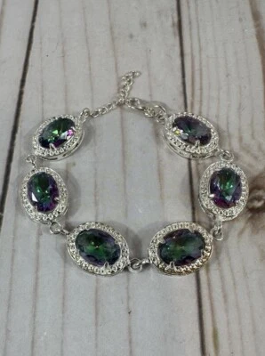 Brazalete de plata esterlina con topacio místico creado en laboratorio arco iris fiesta tenis Foto 1 de 4