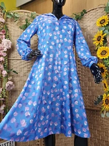 Vintage Eastex Zip Front Dress Size UK 14 16 Blue Floral Leaf Granny Geek 1970's - Picture 1 of 14