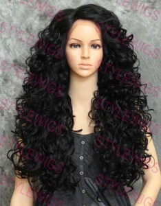 Off Black Long Full Spiral Curls Heat OK Lace Front Human Hair Blend Wig EVFK 1B - Picture 1 of 6