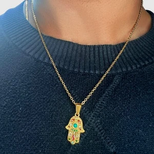 Hamsa Pendant Necklace 18k Gold 20” Chain Amulet Charm - Hand Of Fatima Evil Eye - Picture 1 of 11