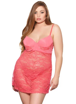 Women's Chemise Coral 2X Plus Size Lace Short Nightgown and Robe Lingerie Set - Image 1 of 4