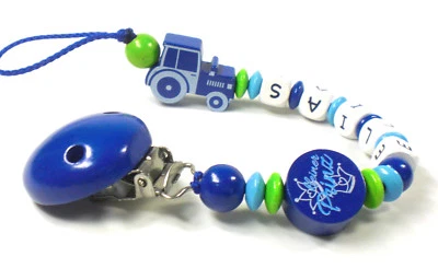  Schnullerkette mit Namen Traktor Kleiner Prinz Junge  blau Holz persoanlisiert - Bild 1 von 4