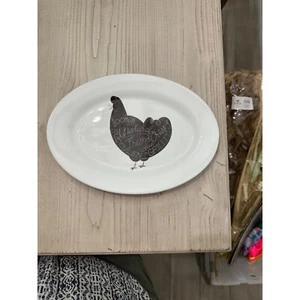 Crate & Barrel Oval Ceramic Serving Platter With Chicken Graphic Black White - Picture 1 of 5
