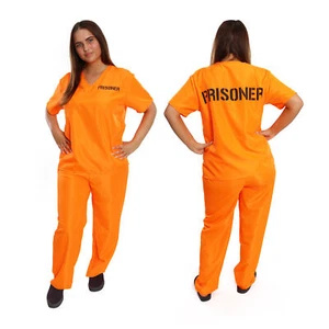 WOMENS PRISONER COSTUME ORANGE TOP TROUSERS CONVICT HALLOWEEN FANCY DRESS 8/20 - Picture 1 of 8