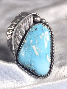 Klassischer handgefertigter natürlicher himmelblau türkisfarbener Ring Sterling Größe 7,5 - Bild 1 von 5