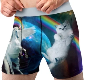 Unicorn Kitty Cat Underwear Mens Small 28-30 Funny Galaxy Space Boxer Briefs - Picture 1 of 5