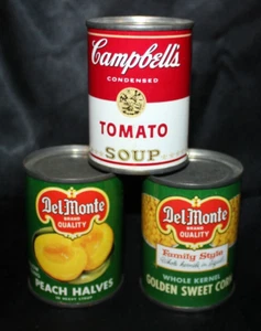 Latas de comida vintage de metal de 3 pulgadas juguetes - Delmonte, Campbells, V-8, SpaghettiOs 3 quilates - Imagen 1 de 2