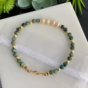 Gold Filled 4mm Blue African Turquoise & Freshwater Pearl Beaded Bracelet - Picture 1 of 3