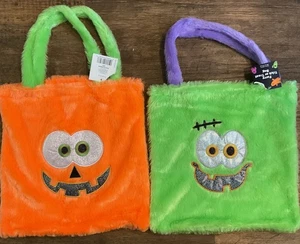 (2) Furry Halloween Reusable Trick or Treat Bag Orange Pumpkin & Green With Face - Picture 1 of 4