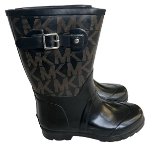 Michael Kors Mid Calf Rubber Rain Boots Black Brown MK Monogram Womens Sz 8 - Picture 1 of 21