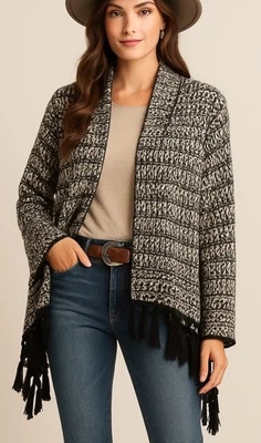 Cárdigan RXB Negro Blanco Rayas Crochet Tejido Flecos Talla Grande Azteca Occidental Foto 1 de 4