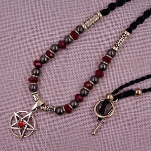 Pentagram Pendant Beaded Necklace 925 Silver Pagan Occult - Picture 1 of 3