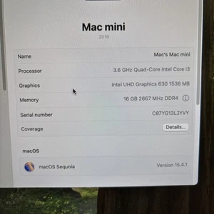 Apple Mac Mini- 3.6GHZ -16GB RAM -256GB SSD(A1993) (2018) - Photo 1/8