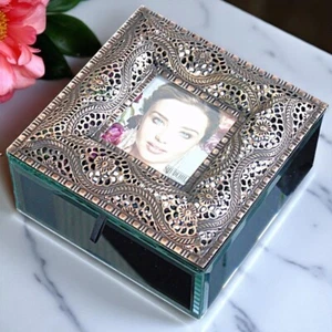 Copper Filigree Mirrored Jewellery Box Photo Frame Trinket Organizer Keepsake - Picture 1 of 7