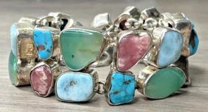 Bracciale Sterling 925 Enorme Gemma Toggle Avventurina Turchese Larimar Ostrica - Foto 1 di 19