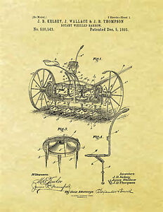 Display Art Print Us Patent for Rotary Wheeled Harrow Farm Equipment Kelsey 1893