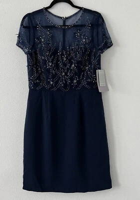 JS COLLECTIONS Navy Sheath Beaded Crew Neck Short Sleeve Dress Size 12 - Image 1 of 4