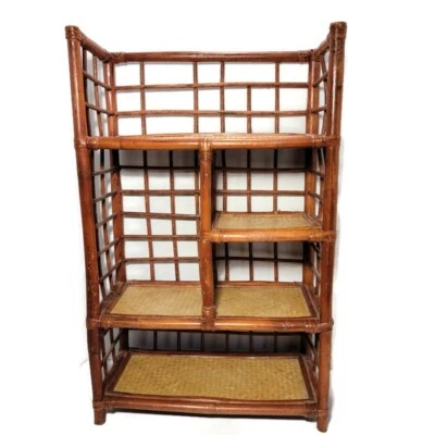 27” Tall Vintage BOHO MCM Bamboo & Rattan Fixed Shelf ETAGERE Book Plant Stand - Image 1 of 4