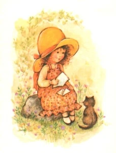 Girl In Yellow Bonnet Hat & Kitty Cat Kitten Blank Inside Note Card - Picture 1 of 2