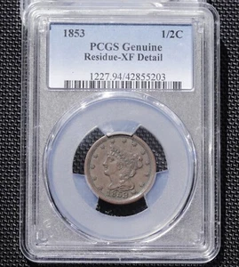 1853 Braided Hair Half Cent PCGS Genuine XF Details • Sharp LIBERTY & Bold Date - Picture 1 of 6
