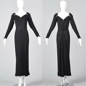 S 1940s Formal Black Dress Long Sleeve Morticia Addams Femme Fatale Gown Train - Picture 1 of 10