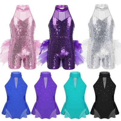Girl Modern Jazz Latin Dance Dress Shiny Sequin Leotard Skirt Dancewear Costume - Image 1 of 4