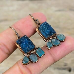 Gift For Her Copper Blue Druzy Jewelry Electroformed Drop/Dangle Earrings 1.77"