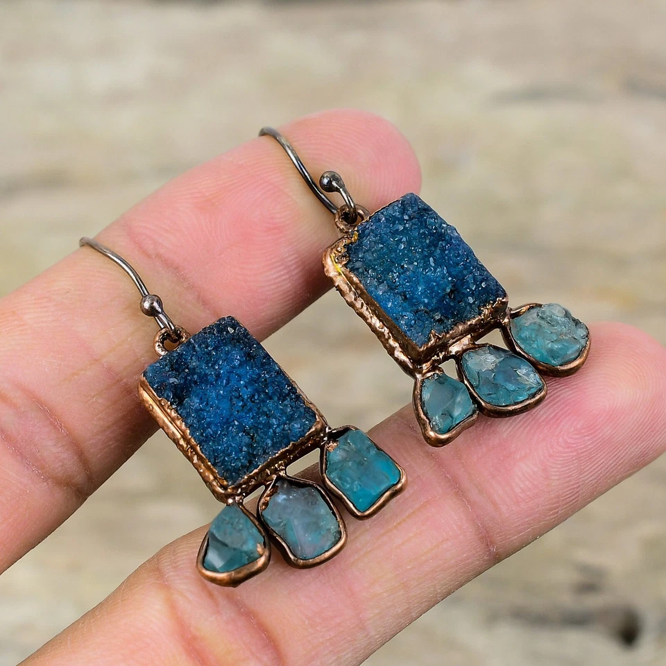 Gift For Her Copper Blue Druzy Jewelry Electroformed Drop/Dangle Earrings 1.77" - Image 1 of 4
