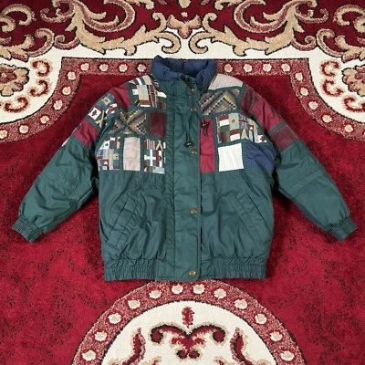 Chaqueta acolchada azteca vintage años 90 Izzi World Flags retazos pana talla S Foto 1 de 4