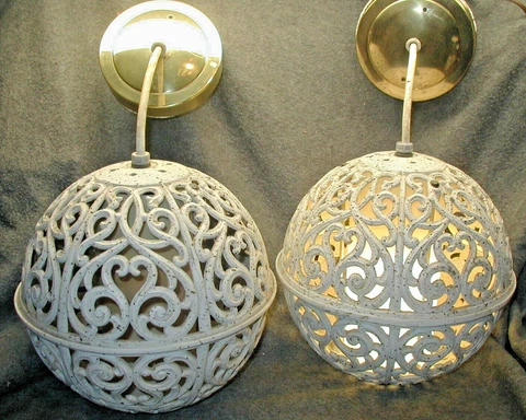 Vtg 2 MCM Hollywood Regency Light Fixture Iron Metal open work Globe w/ diffuser Cover