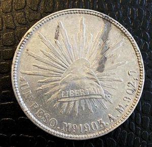 Atractiva Moneda Gorra y Rayo 1903 Peso Plata República de México Corona Lun AM - Imagen 1 de 7