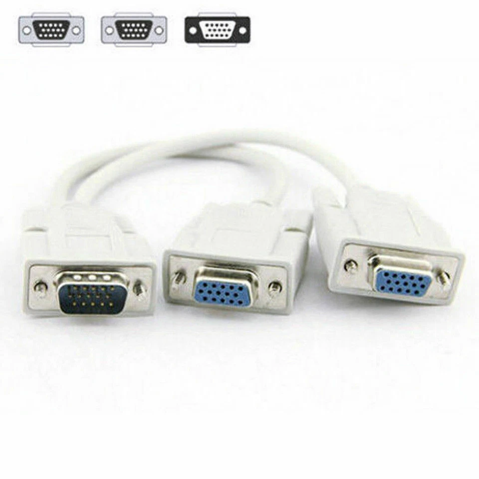 VGA SVGA 1 PC TO 2 MONITOR Male to 2 Dual Female Y Adapter Splitter Cable 15 PIN - Image 1 of 3