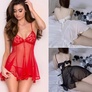 Pigiama donna sexy lingerie pizzo vedere attraverso babydoll mini abito perizoma set - Foto 1 di 43