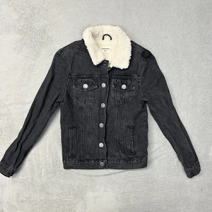 Ghanda Sherpa Style Denim Jacket Women Size 6 Dark Grey Cotton Blend - Picture 1 of 6
