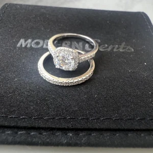 Modern Gents Cushion Halo Engagement Wedding Ring Set Size 8 Sterling Silver 925 - Picture 1 of 10