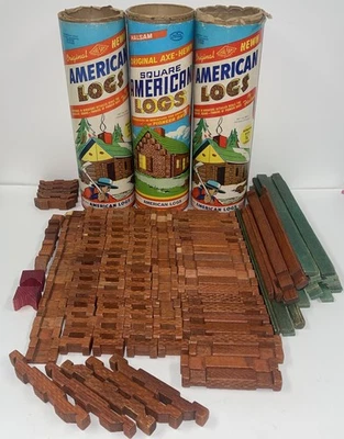 HUGE Lot of 150+VTG American Logs HALSAM wood building square blocks + 3 Holders - Image 1 of 4