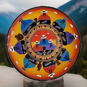 VTG Plate,Hand Painted Pisac Cusco Peru Terracotta Tribal Folk Art Pottery Plate - Picture 1 of 6