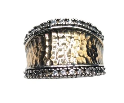 ESPO Joseph Esposito Sterling Silver 925 Gold Plate Hammered CZ Band Ring Size 6 - Image 1 of 4