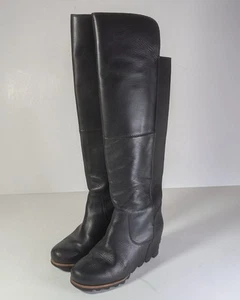 SOREL OVER KNEE FIONA LUX 9 BLACK WEDGE LEATHER WOMEN BOOTS PLATFORM - Picture 1 of 8