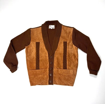 VTG Montgomery Ward Mens Pig Skin Suede Acrylic Cardigan Sweater Brown Sz L NWOT - Image 1 of 4